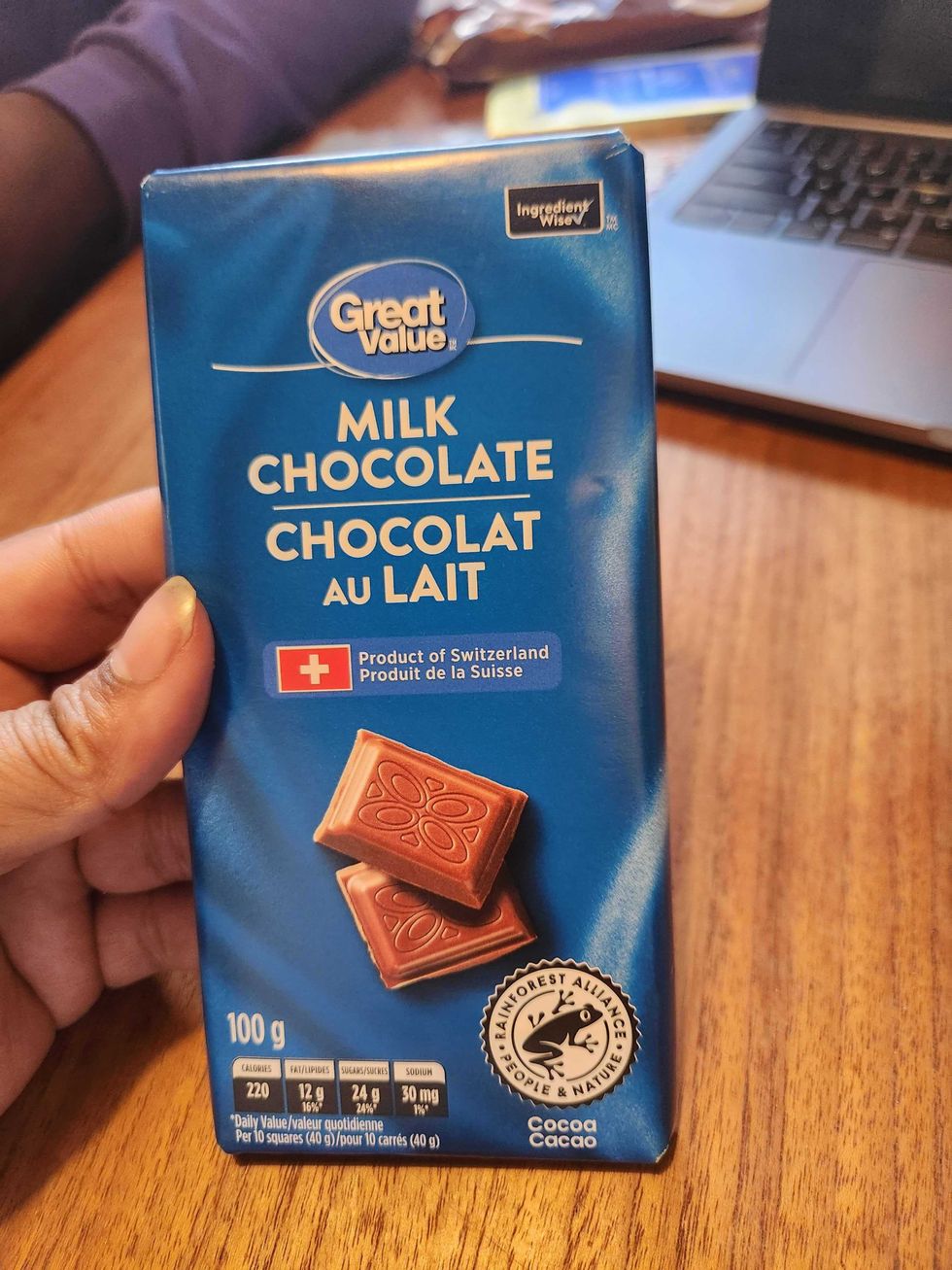 100 grams of Great Value milk chocolate from Walmart in Toronto.