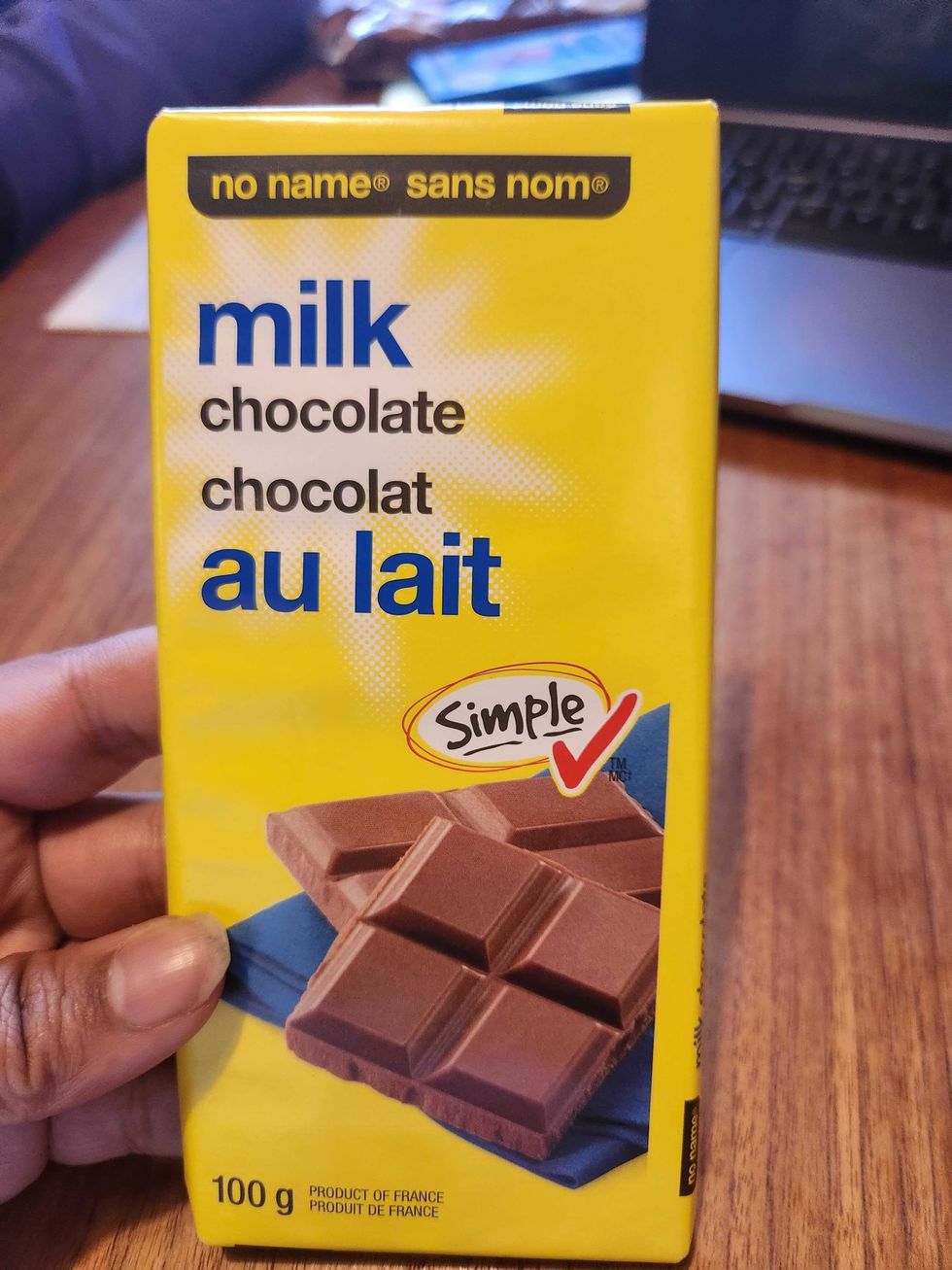 100 grams of no name milk chocolate from Loblaws in Toronto.