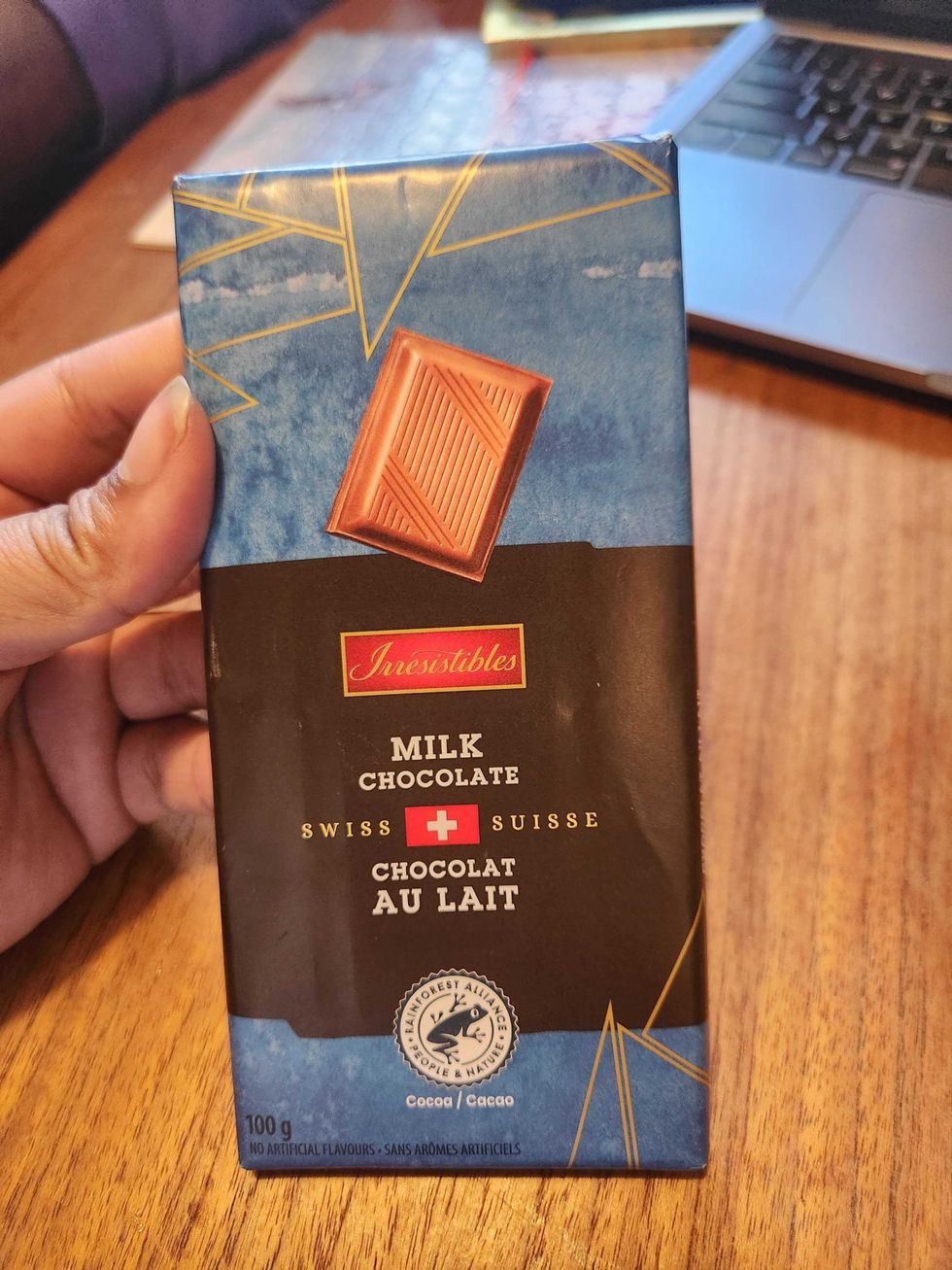 100 grams of the Irresistibles milk chocolate from Metro in Toronto.