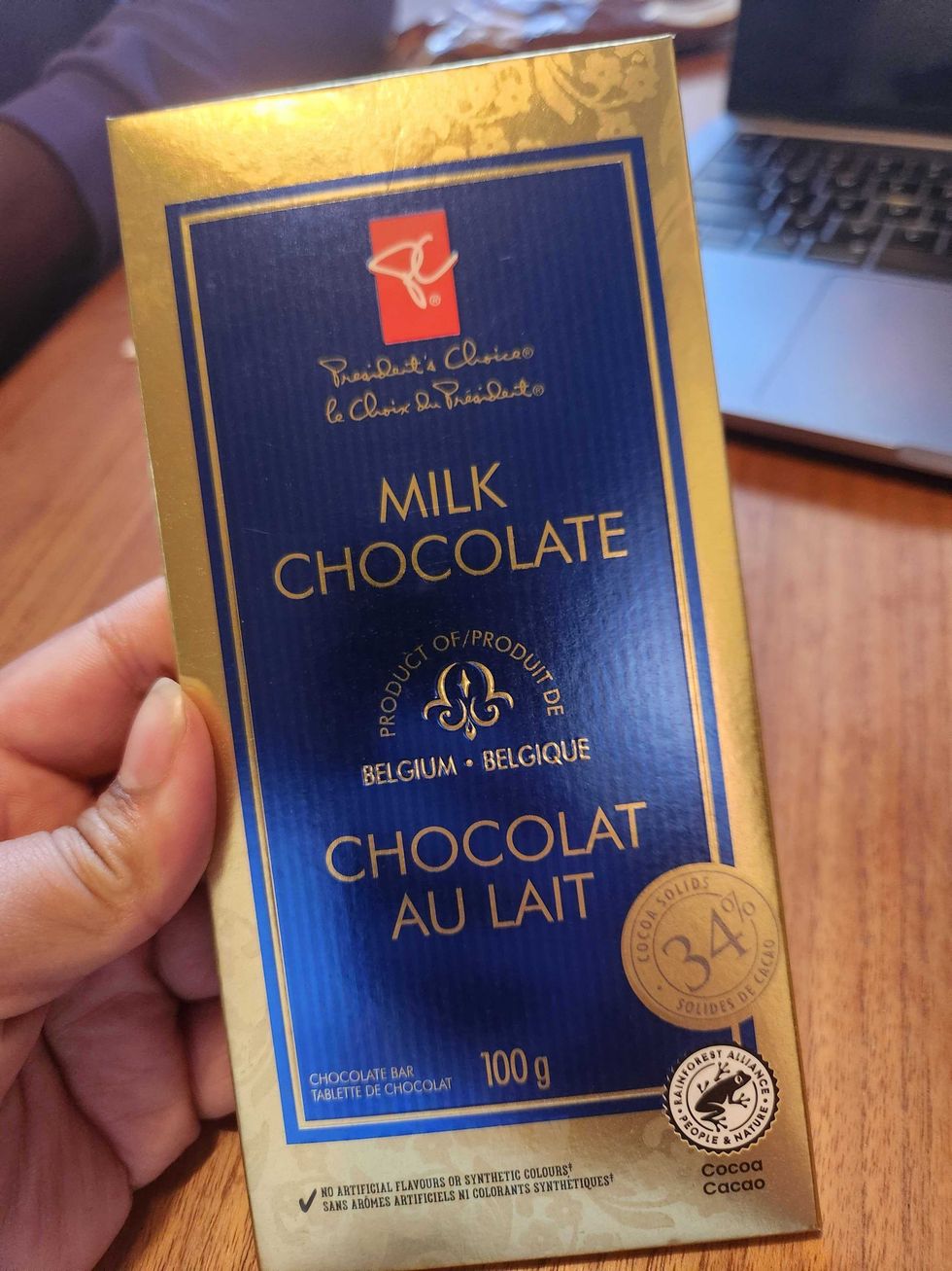 100 grams of the President's Choice milk chocolate from Loblaws in Toronto.