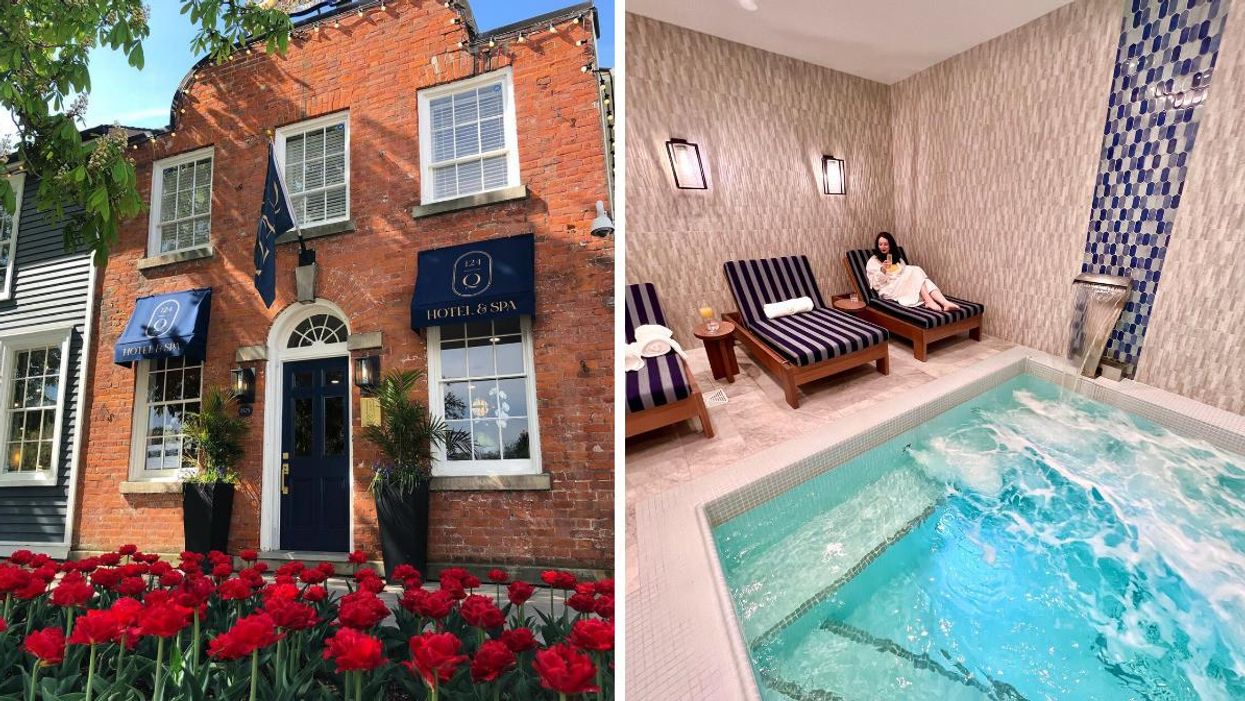124 Hotel & Spa in Niagara-on-the-Lake. Right: Woman sitting by the hot pool.
