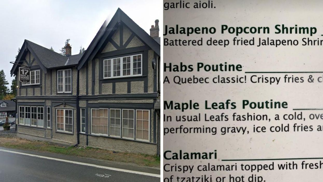 17 Mile House Pub. Right: Maple Leafs Poutine menu item.