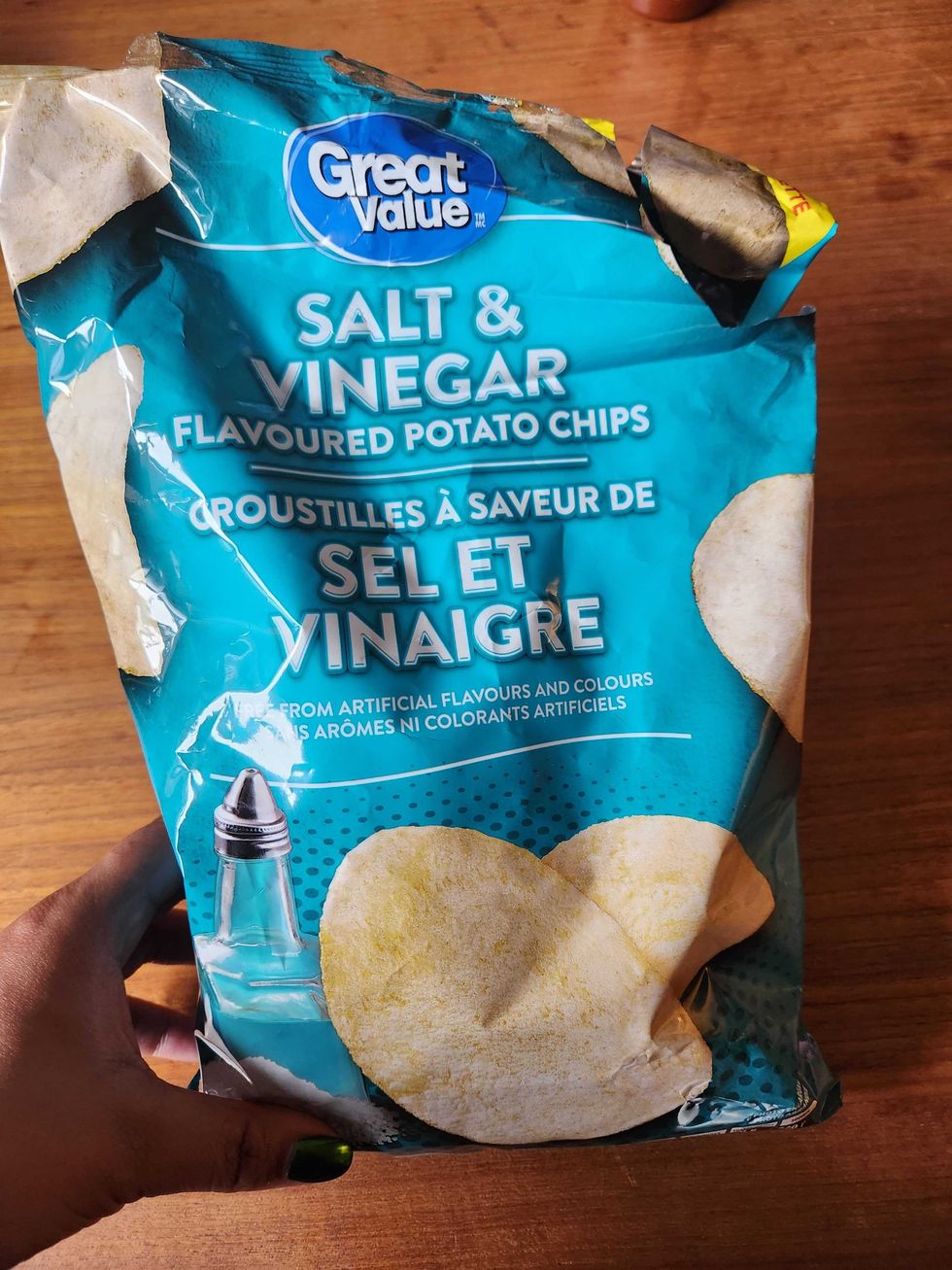 200 grams of Great Value salt and vinegar flavoured potato chips for $1.47.