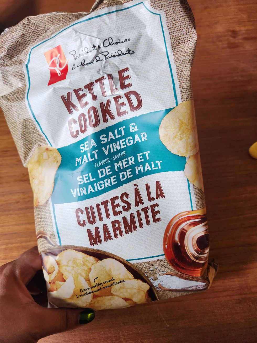 200 grams of President's Choice kettle cooked sea salt and malt vinegar flavour chips for $3.49.