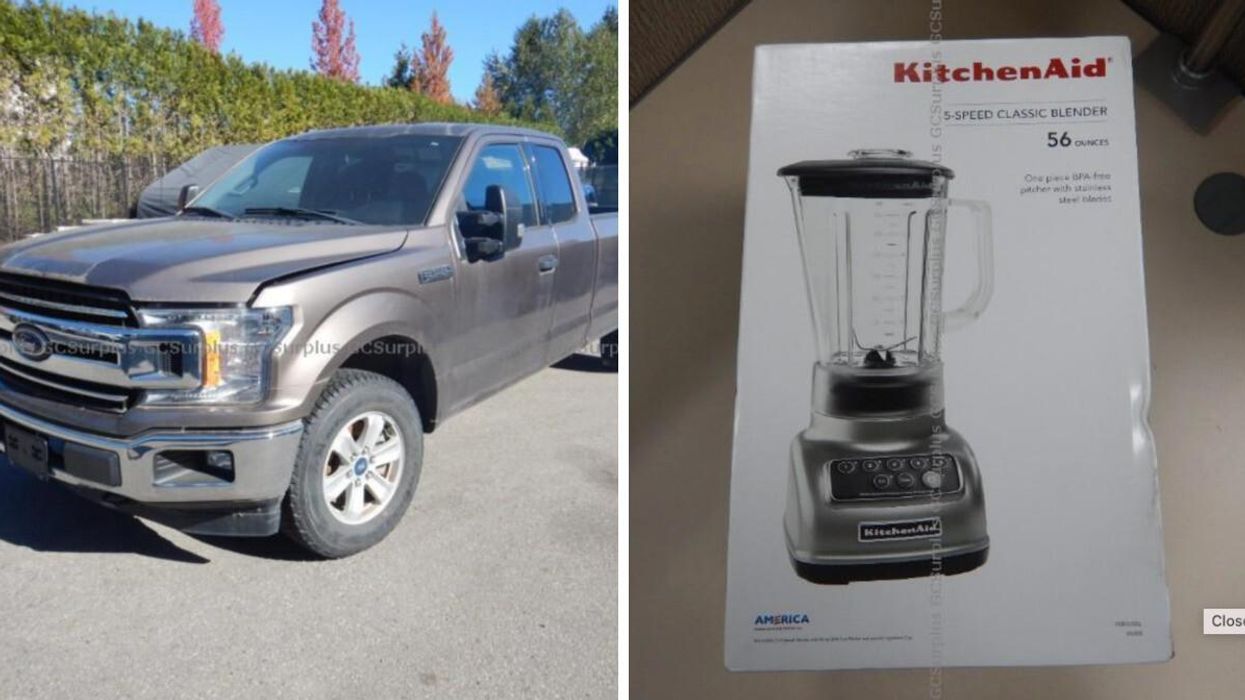 2018 Ford F-150 - Sold for Parts. Right: KitchenAid Blender box.