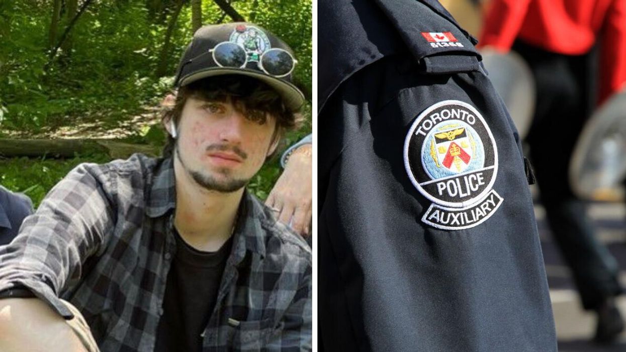 25-year-old victim, Gabriel del Castillo Mullally. Right: Toronto Police uniform.