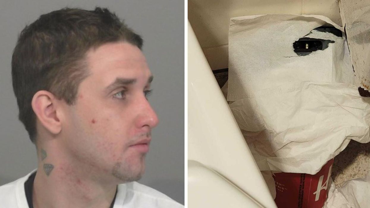 27-year-old Daniel St. Amour from Hamilton. Right: Cellphone recording in a Tim Hortons washroom.