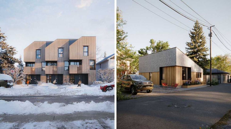 3-unit rowhouse. Right: single-story accessory dwelling unit.