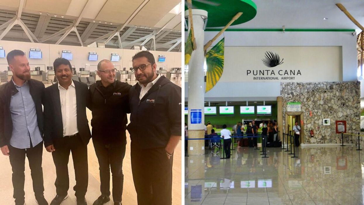 4 members of the Pivot Airlines crew detained in the Dominican Republic. Right: Punta Cana International Airport.