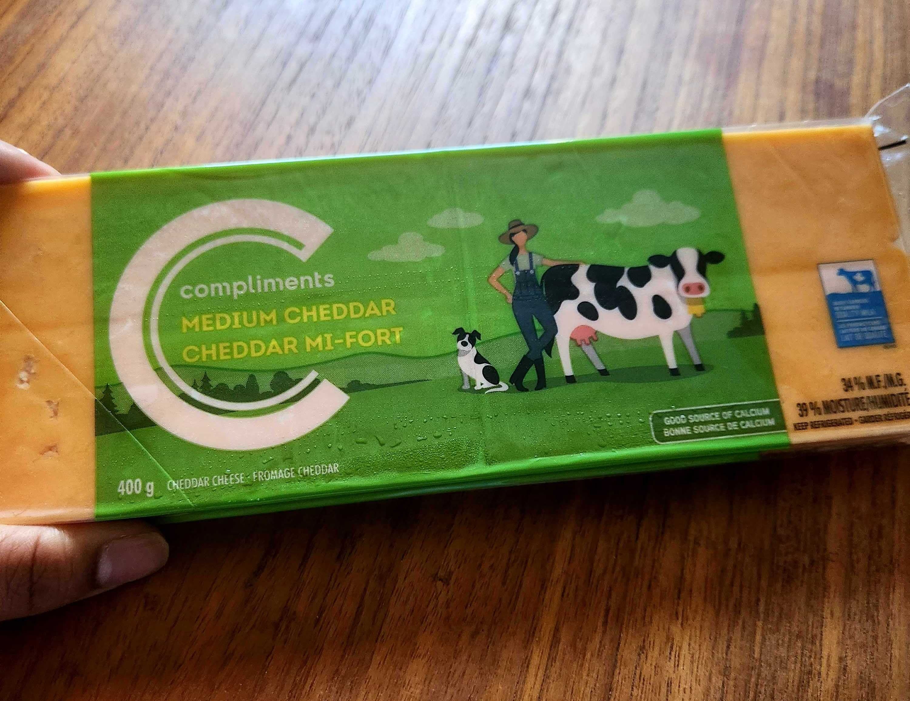 400 grams of Compliments medium cheddar cheese from Sobey's for $4.99.