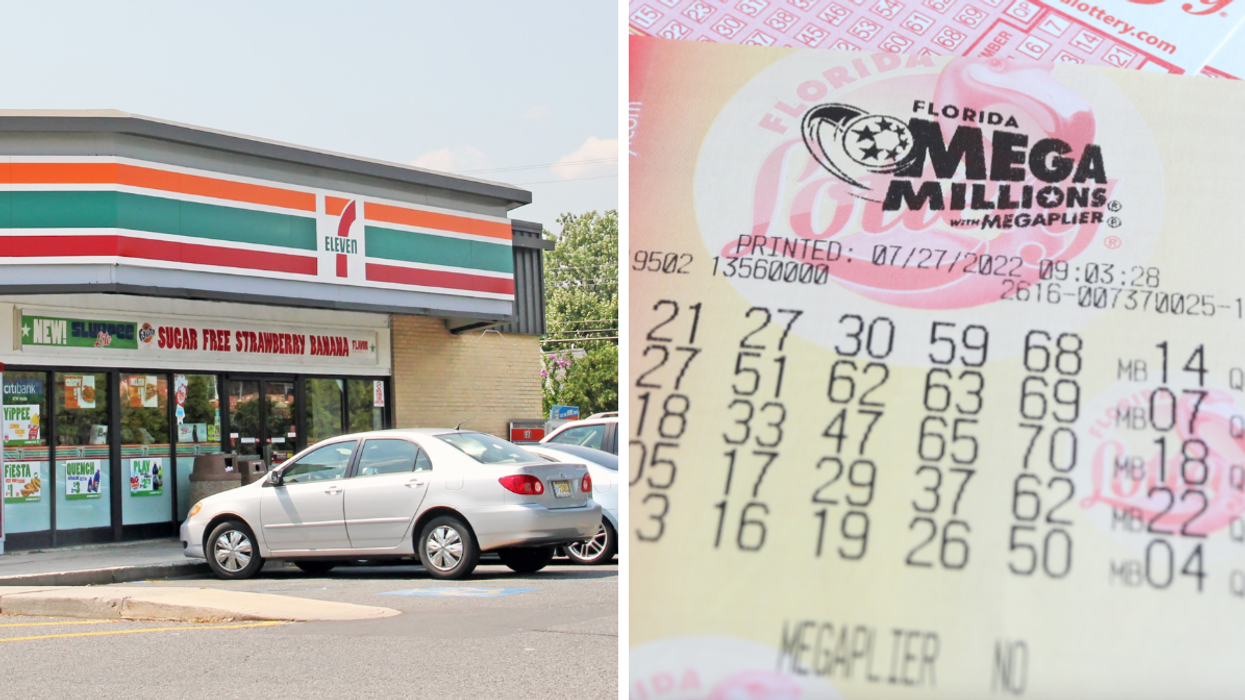 7 Eleven. Right: A Florida Mega Millions ticket.