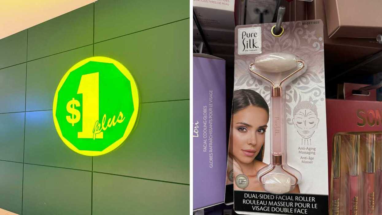 A $1 plus green and yellow store sign. Right: A dual-sided facial roller with a photo of a woman on it.