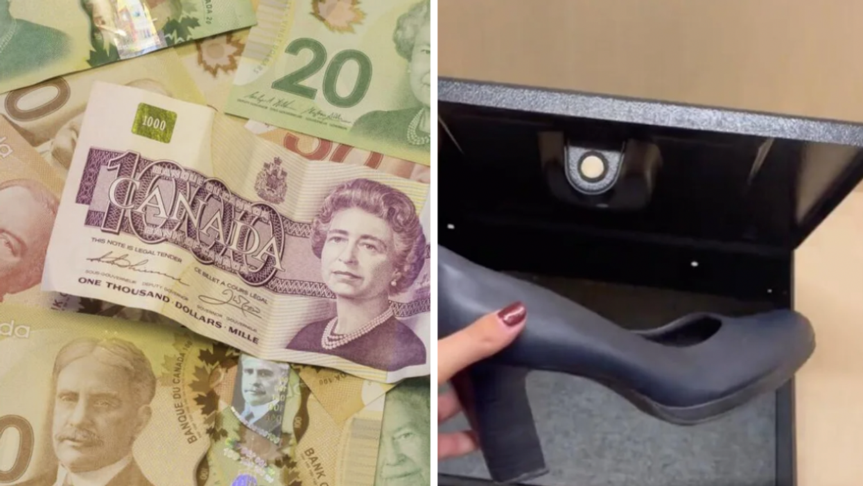 A $1,000 Canadian bill. Right: The flight attendant putting her shoe in a hotel safe.