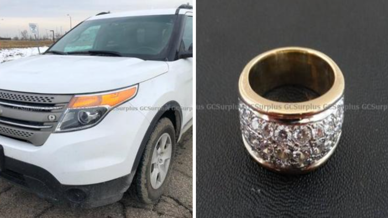 A 2014 Ford Explorer up for auction. Right: A white gold diamond ring on the government auction site.