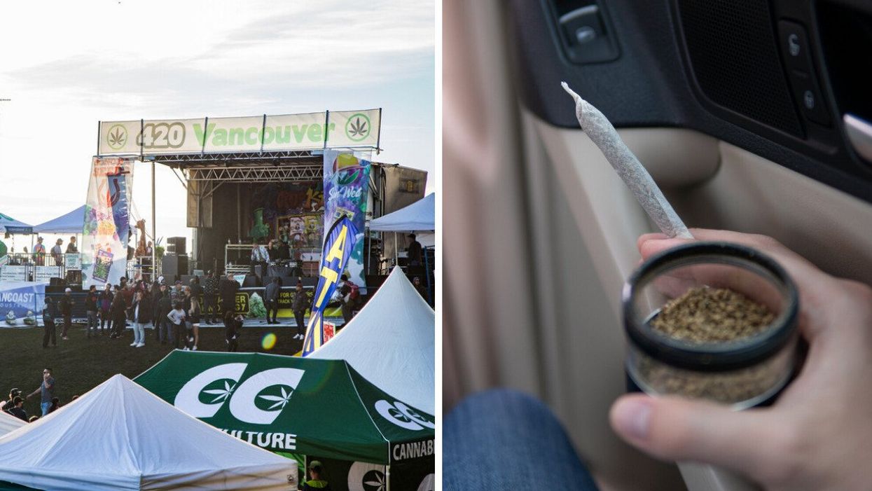 A 4/20 festival in Vancouver. Right: Someone holding a joint.