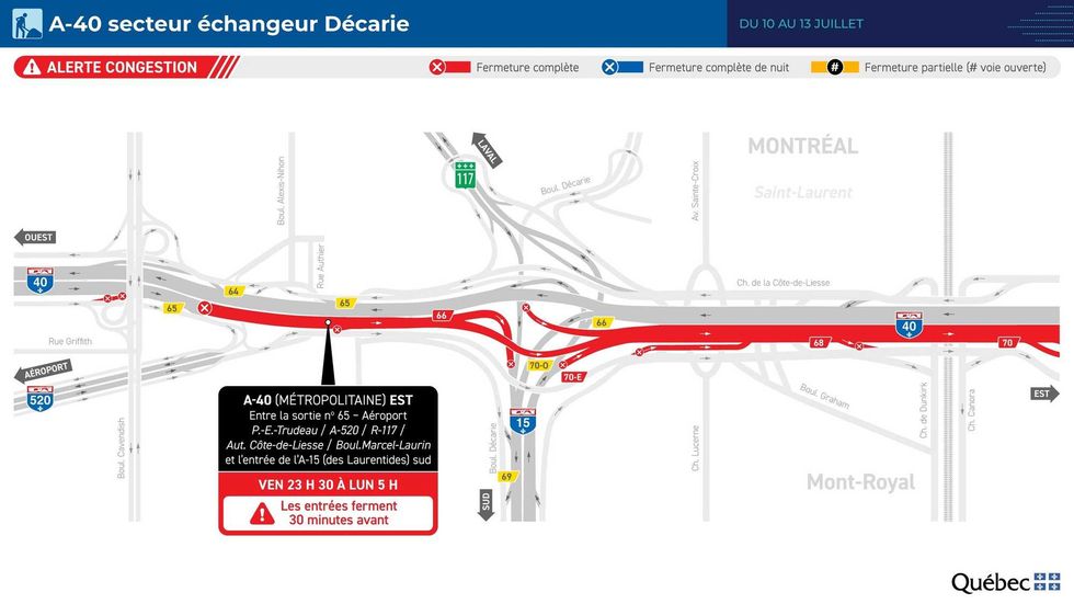 A-40 (M\u00e9tropolitaine) est - Secteur \u00e9changeur D\u00e9carie \u2013 10 au 13 juillet 2026.