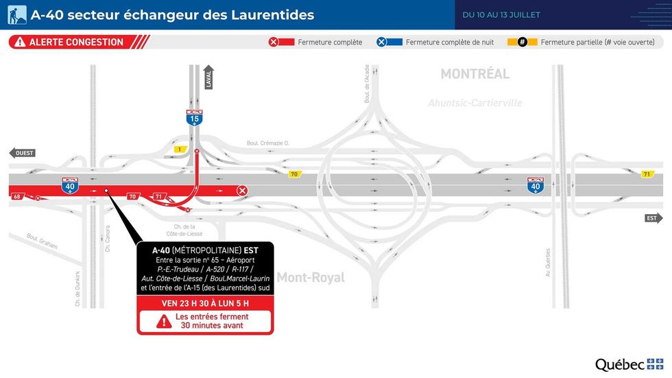 A-40 (M\u00e9tropolitaine) est - Secteur \u00e9changeur des Laurentides \u2013 10 au 13 juillet 2026