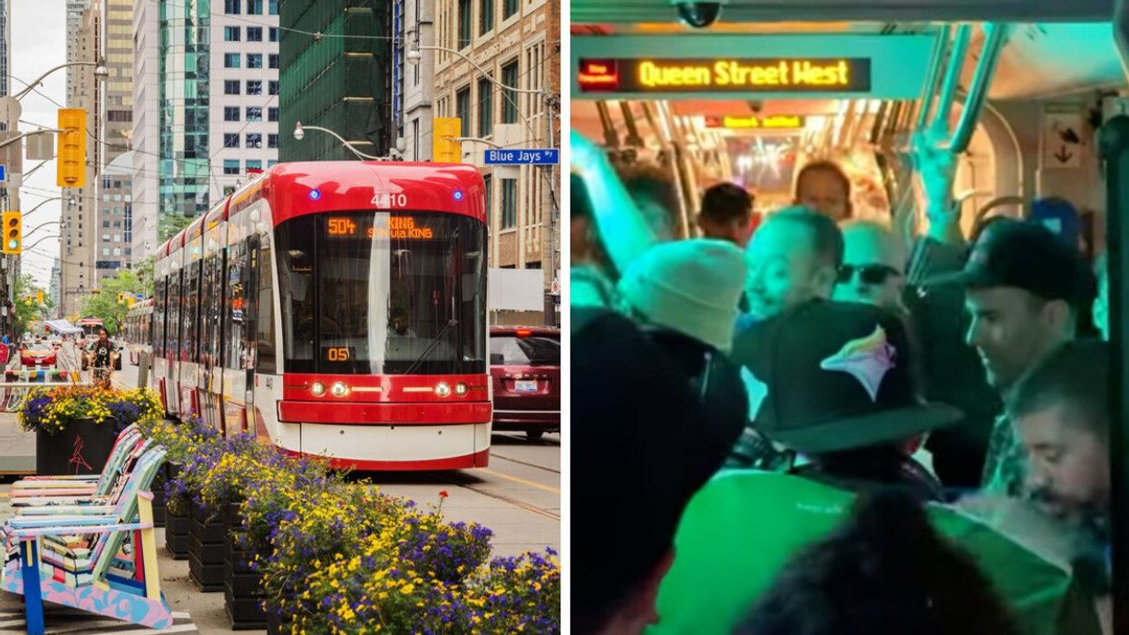 A 504 TTC streetcar passing through King St. Right: A group of people partying on a TTC streetcar.