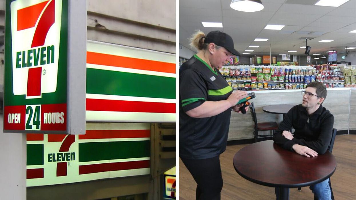 A 7-Eleven. Right: A customer being served