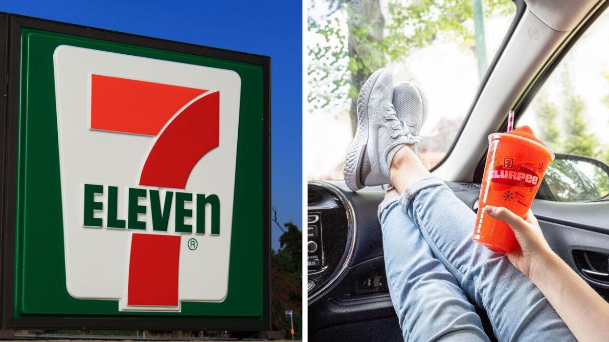 A 7-Eleven sign. Right: A person holding a Slurpee in a car.