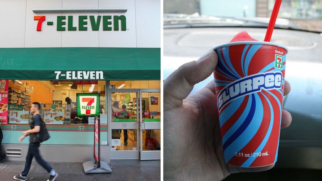 A 7-Eleven storefront. Right: A Slurpee.