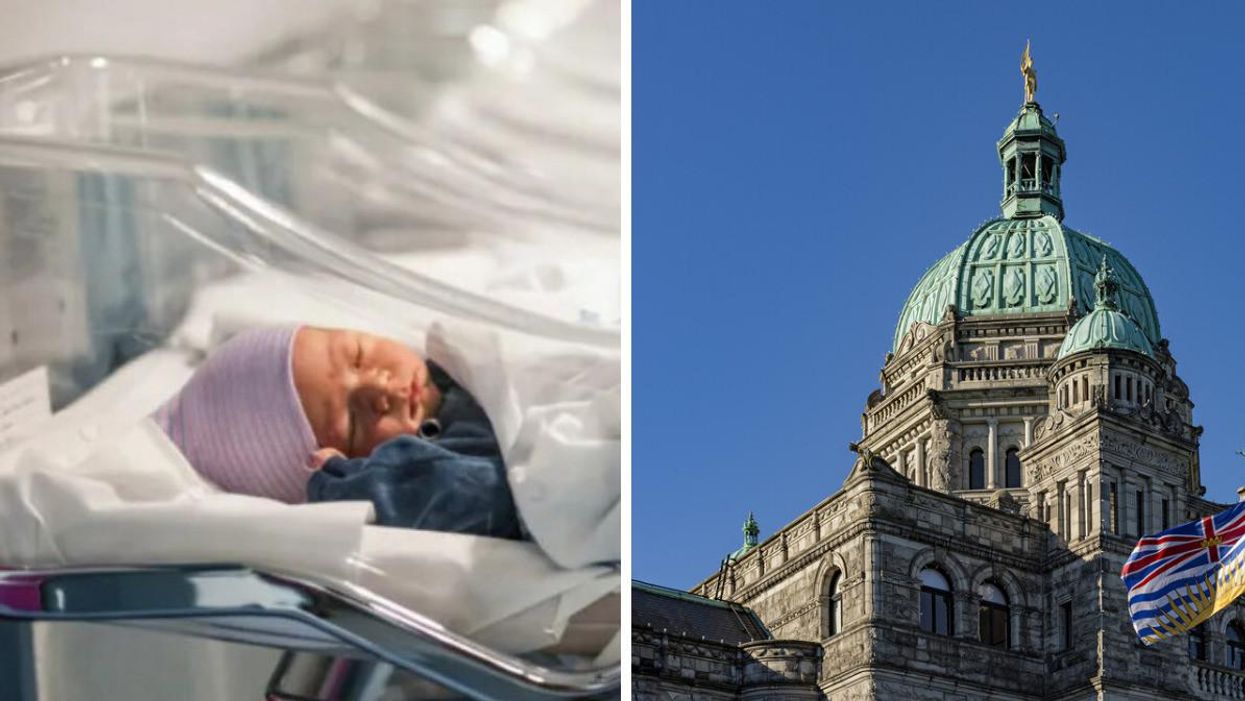 A baby in a hospital. Right: The B.C. legislature building.