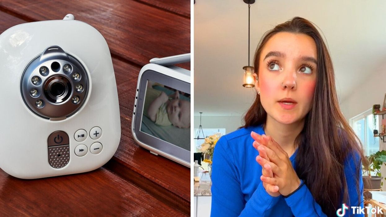 A baby monitor. Right: The mother explaining that her baby monitor was hacked.