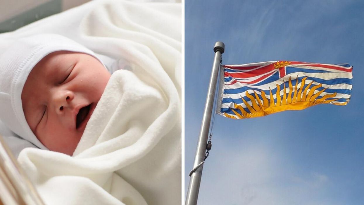 A baby. Right: B.C. Flag.