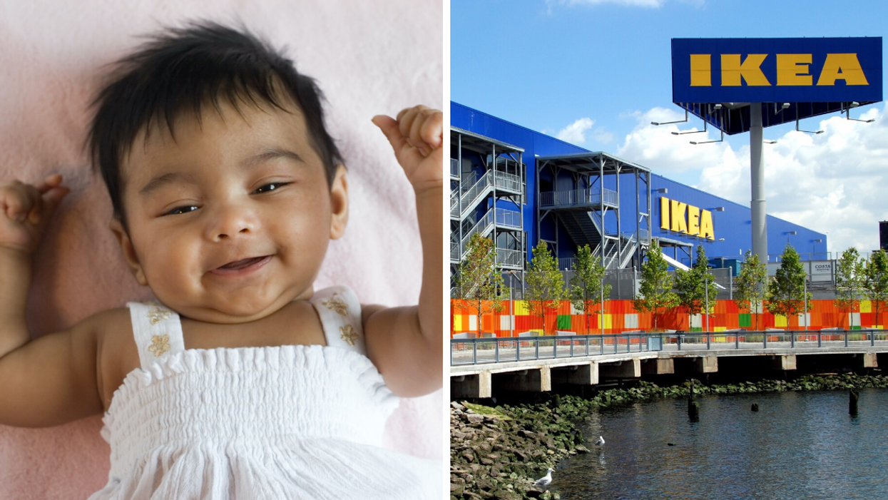 A baby smiling. Right: The outside of an IKEA store.