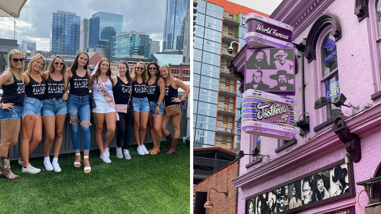 A bachelorette party poses on a roof in Downtown Nashville. Right: The exterior of the historic Tootsies Lounge.