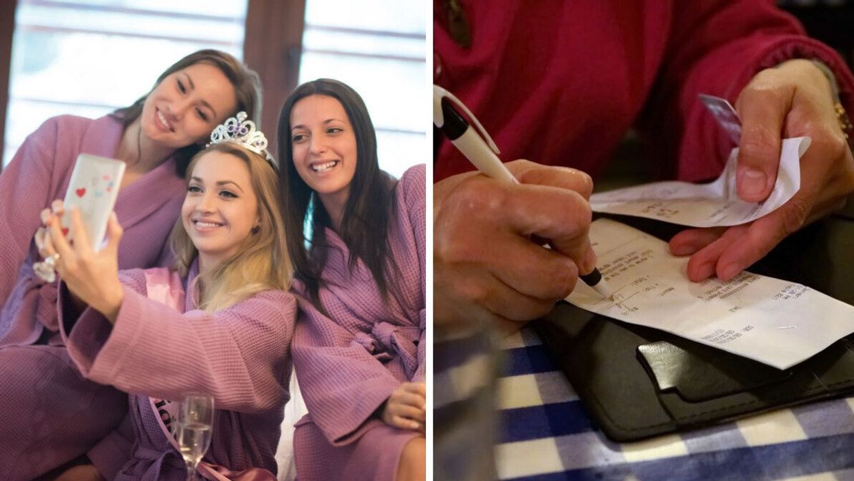 A bachelorette party. Right: A person paying a bill.