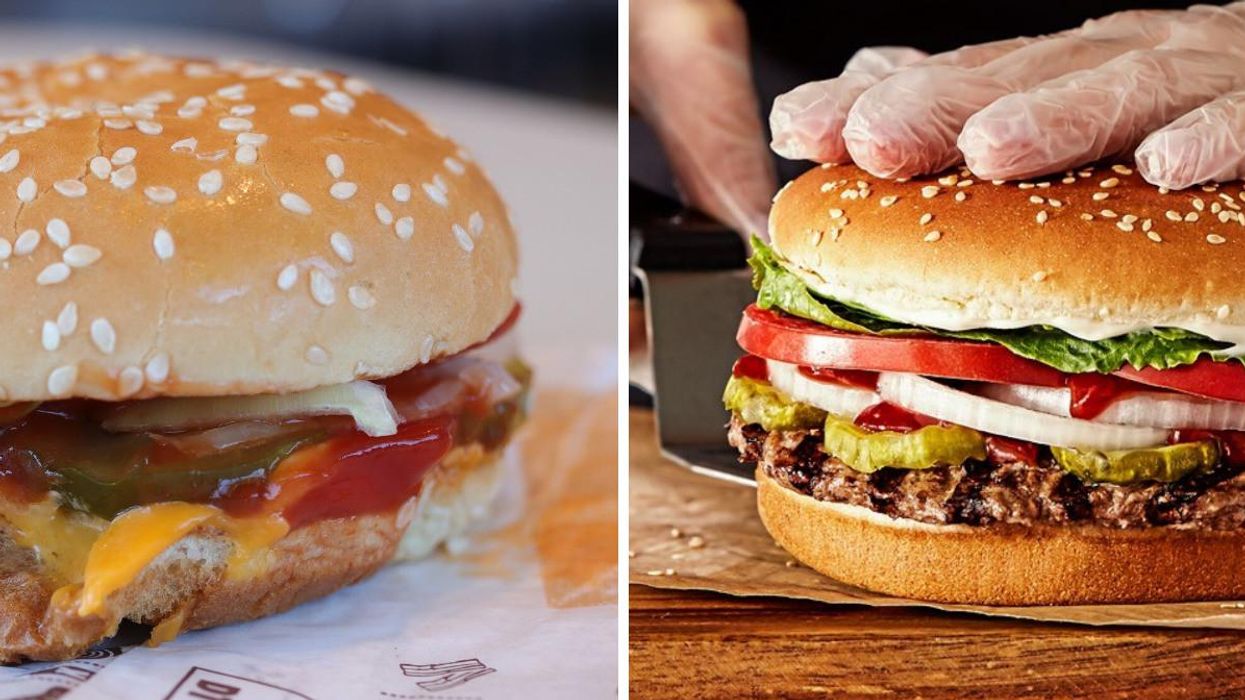 A bacon and cheese Whopper burger. Right: a Whopper burger with a gloved hand on top.