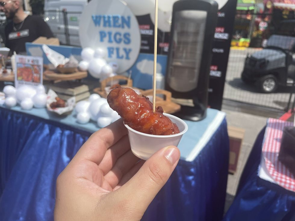 A bacon wrapped chicken wing.