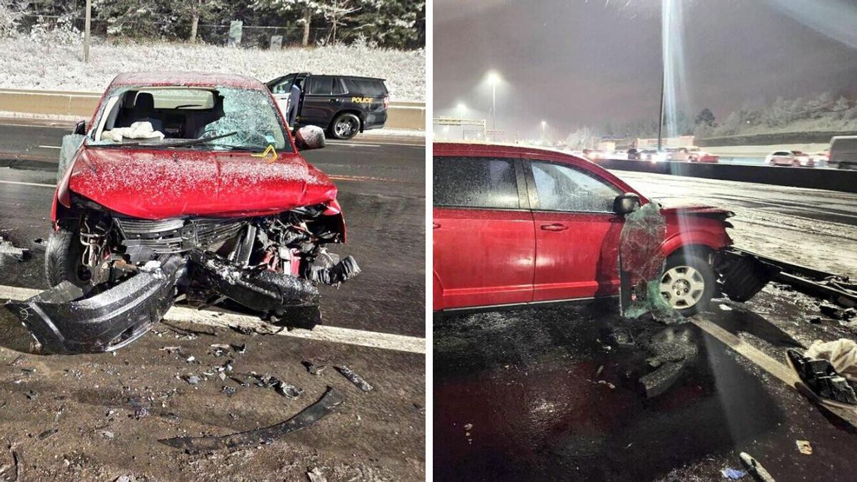 A badly damaged vehicle involved in a serious collision on Highway 401 in Scarborough, Ontario.