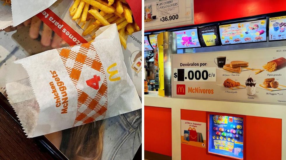 A bag of chicken McNuggets from McDonald's in Colombia. Right: Part of a McDonald's menu in Colombia.
