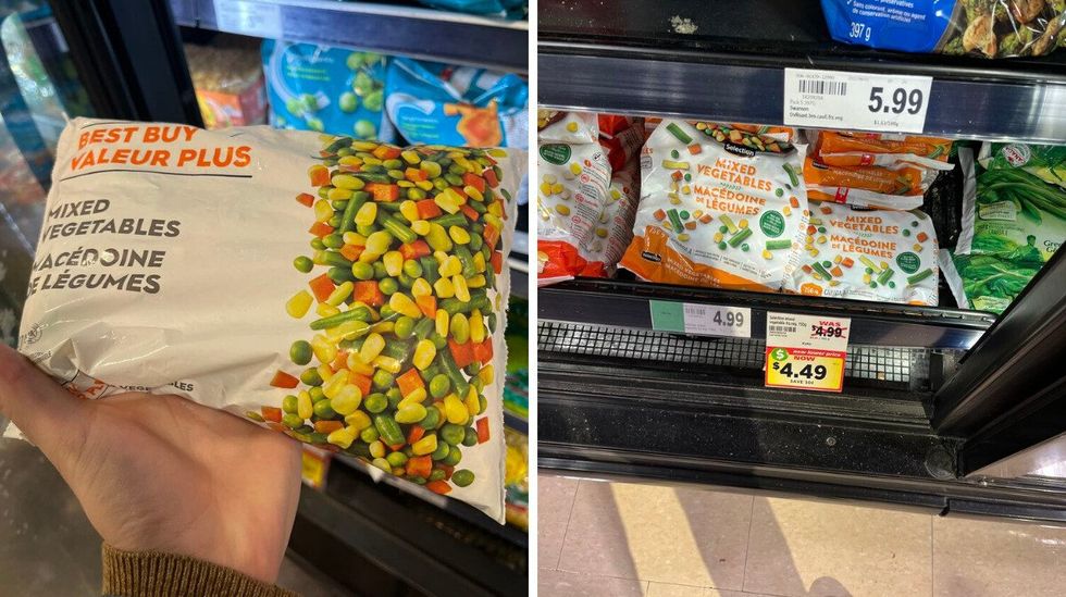 A bag of frozen veggies at Sobeys. Right: The frozen veggie section at Metro