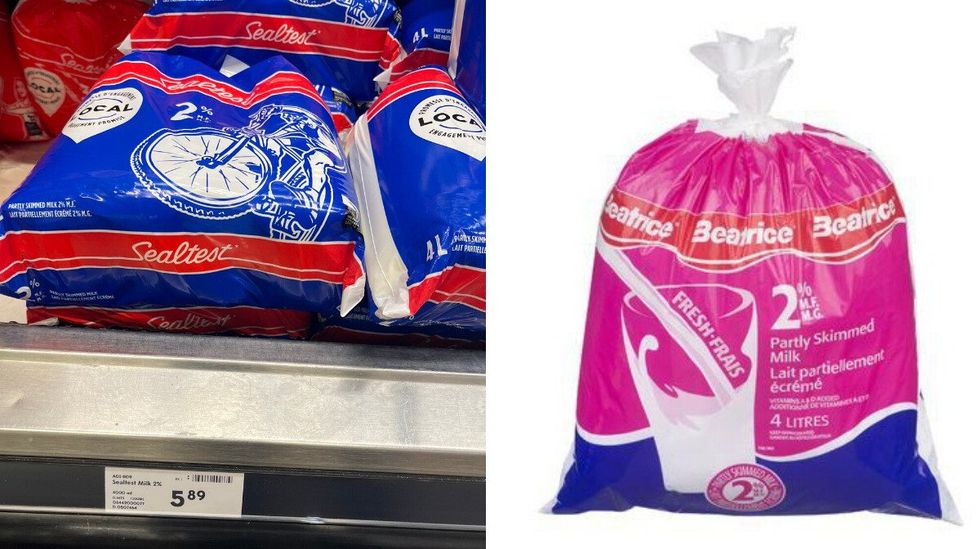 A bag of milk at Sobeys. Right: Beatrice bagged milk on Metro's website.
