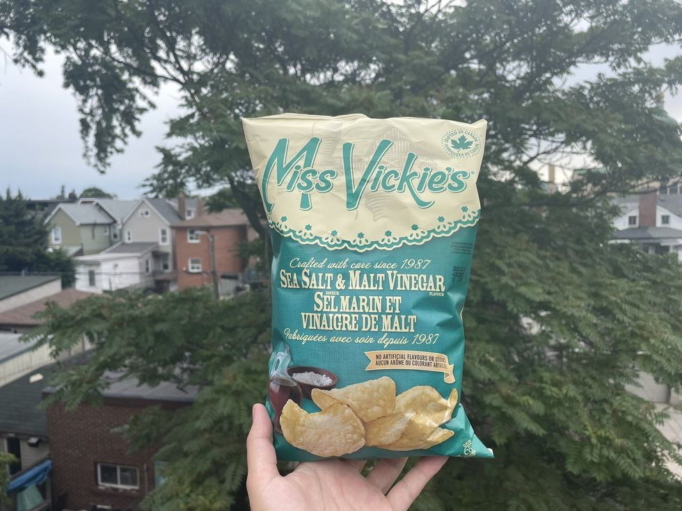 A bag of Miss Vickie's Salt and Malt Vinegar chips.