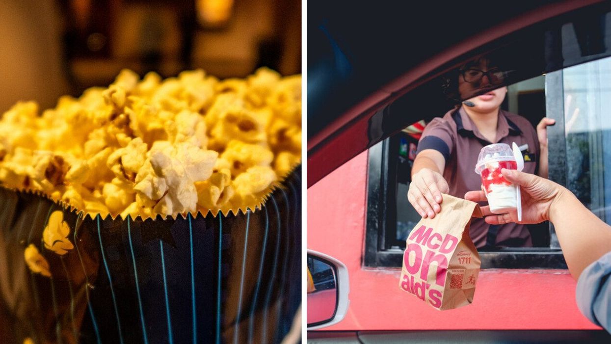 A bag of movie theatre popcorn. Right: A McDonald's drive-thru employee.