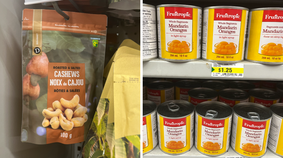 A bag of roasted cashews. Right: Canned mandarin orange slices.