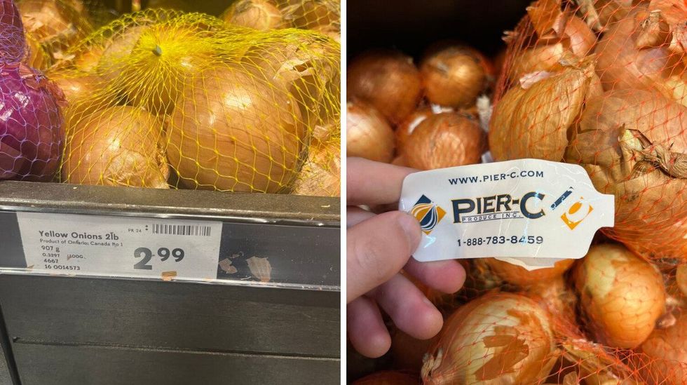 A bag of Yellow onion at Sobeys. Right: A Pier-C tag at Metro