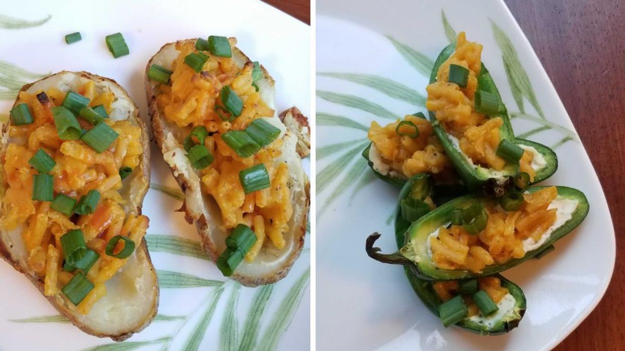 A baked potato stuffed with Kraft Dinner. Right: Jalapeno poppers stuffed with Kraft Dinner.
