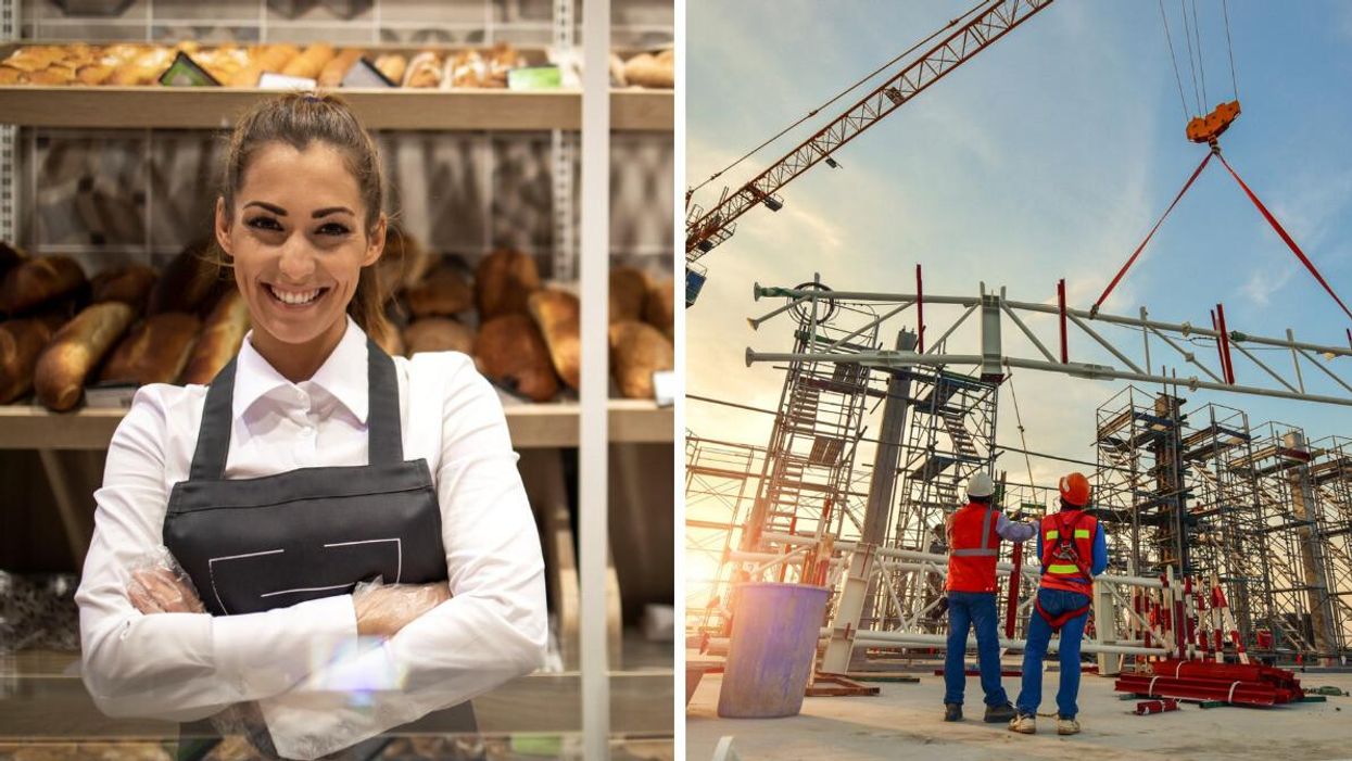 A baker training with the Red Seal trade program. Right: Construction workers in Canada.