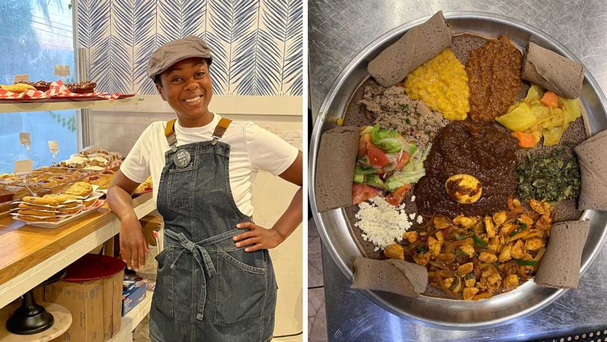 A baker working at Archibald's Village Bakery. Right: A dish at Selam Ethiopian & Eritrean Cuisine.