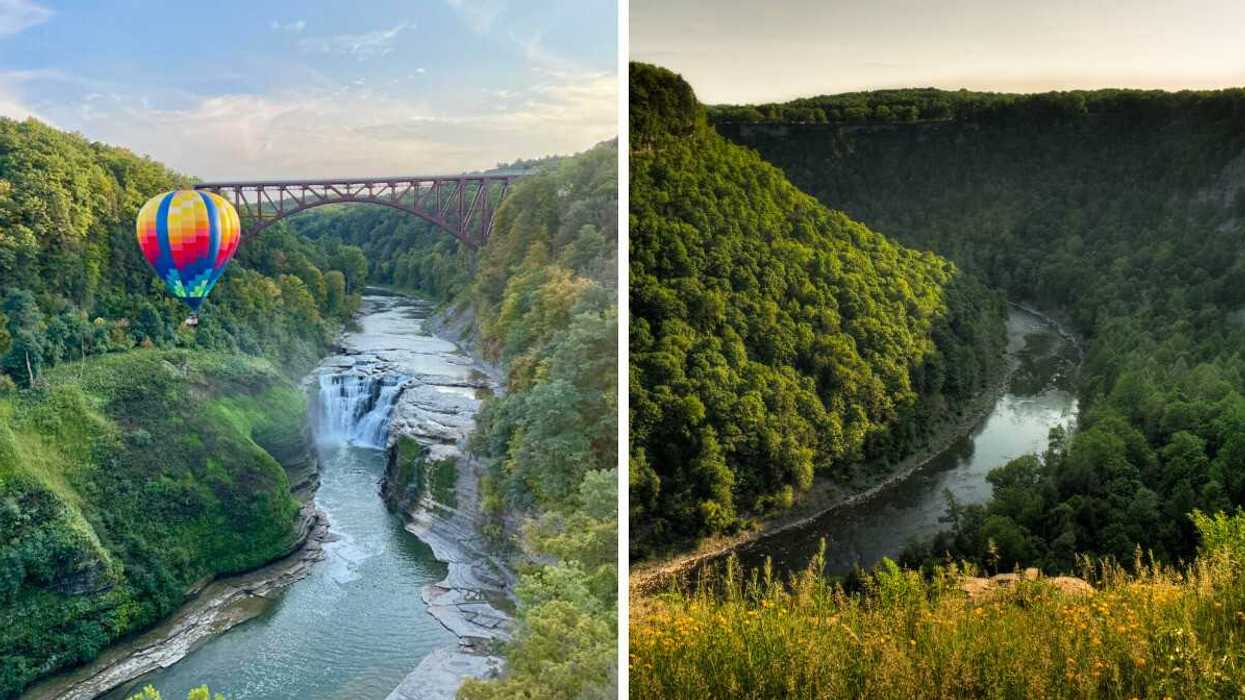 A balloon floating over a gorge. Right: A river running through a gorge.