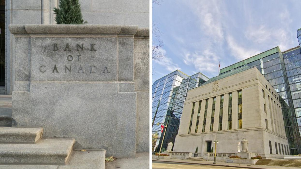A Bank Of Canada plaque. Right: The Bank Of Canada headquarters.