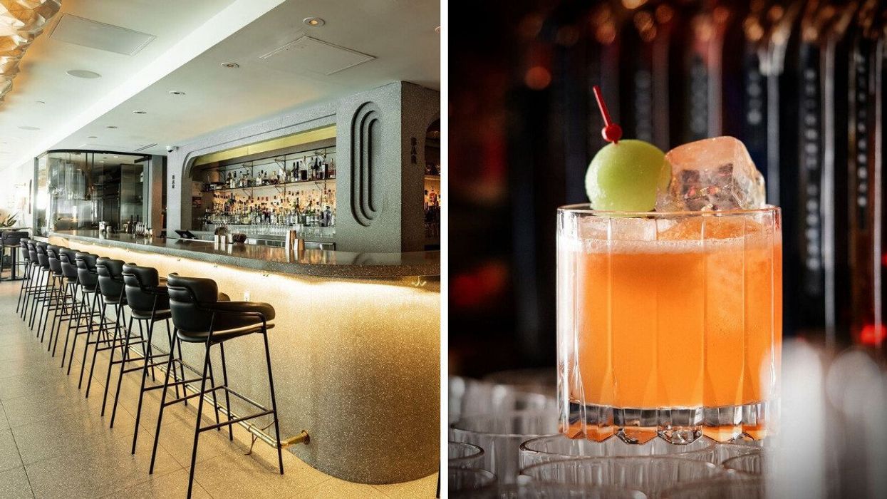 A bar with black bar stools. Right: An orange cocktail in a glass with a grape and ice cube on top.