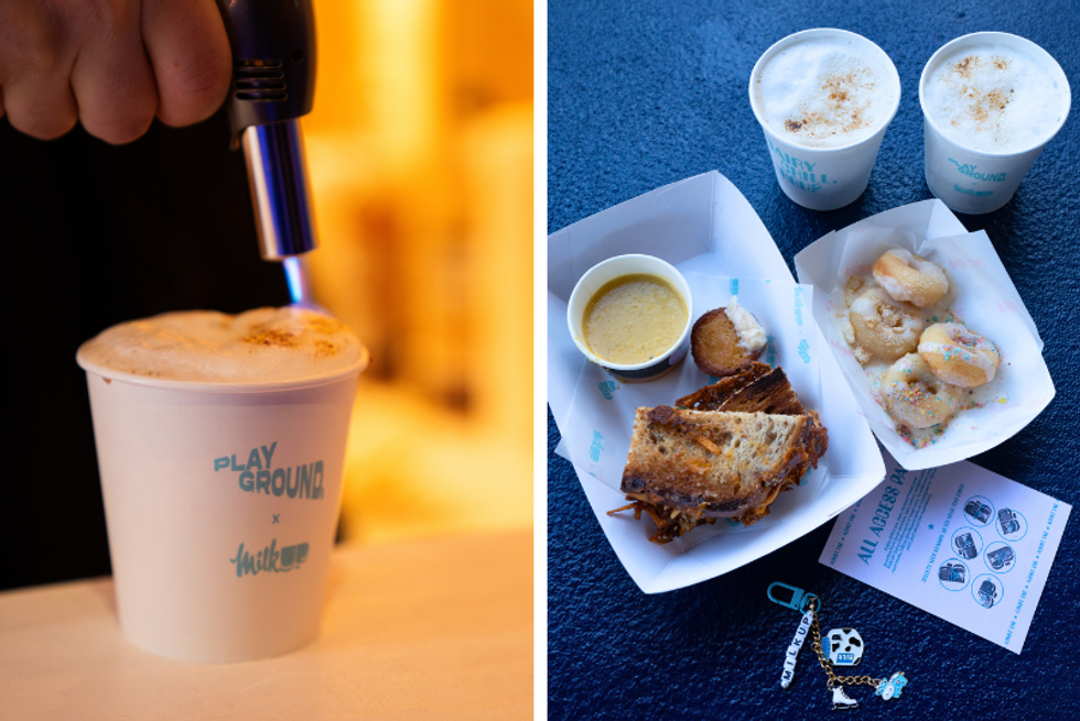 A barista brulees the top of a drink with a culinary torch. Right: Donuts, grilled cheese, soup and hot chocolate.