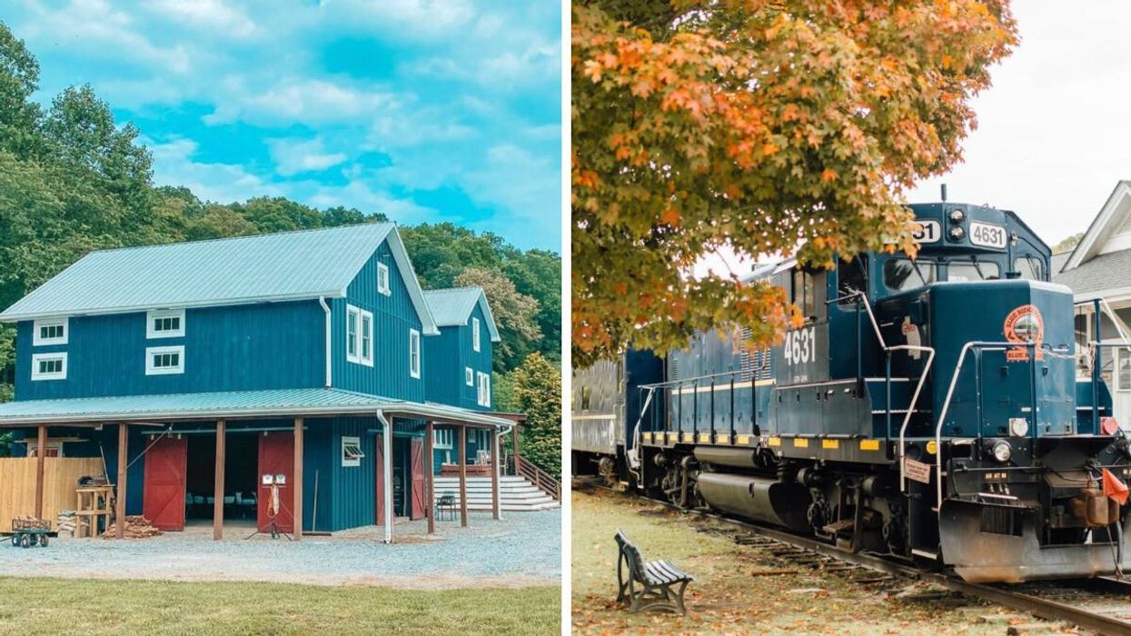 A barn in Blue Ridge, GA. Right: The Blue Ridge Scenic Railway train car. 