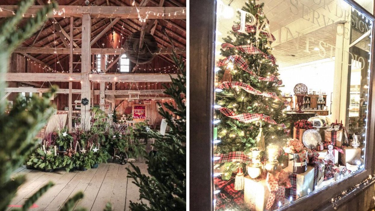 A barn with Christmas decor. Right: A store window with Christmas decor.